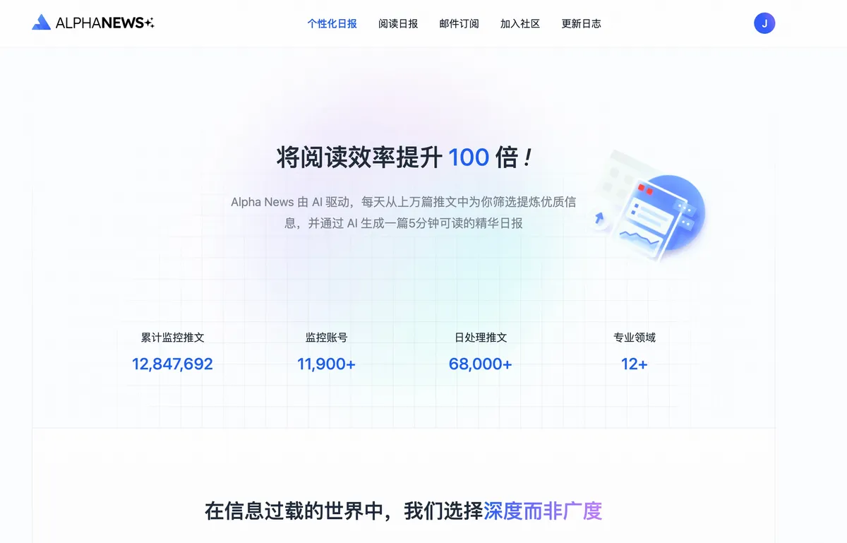 AlphaNews - 每天从上万篇推文中为你筛选提炼优质信息,生成一篇5分钟可读的精华日报。 - 产品截图展示1
