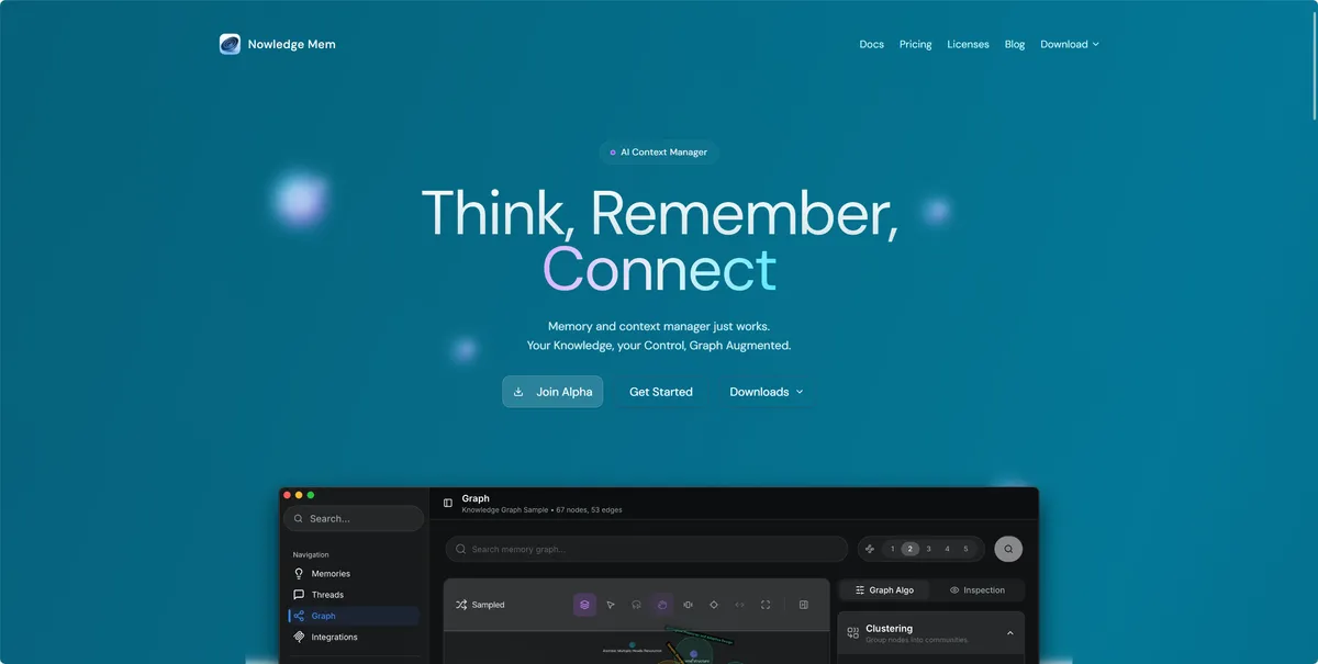 Nowledge Mem - 本地优先的 AI 知识与上下文管理工具。 - 产品截图展示1