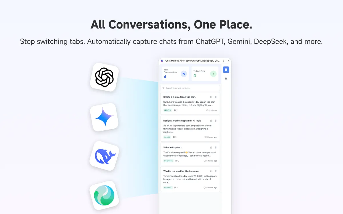 Chat Memo - 帮助用户自动保存 ChatGPT、DeepSeek、Gemini、腾讯元宝等 AI Chat 网页中的对话记录。 - 产品截图展示1